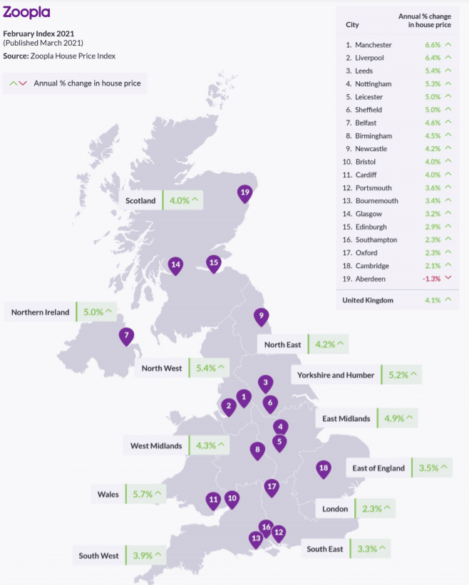 map showing each region of the UKs price increase over the last 12 months